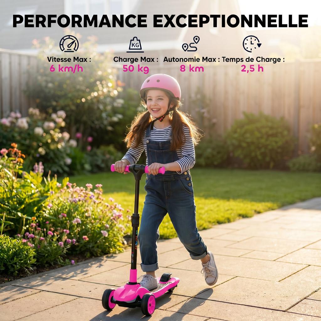 Electric Scooter for Children 6+, Foldable, 3 Wheels, Max Speed 8 km/h, 64 x 29 x 83 cm, Pink