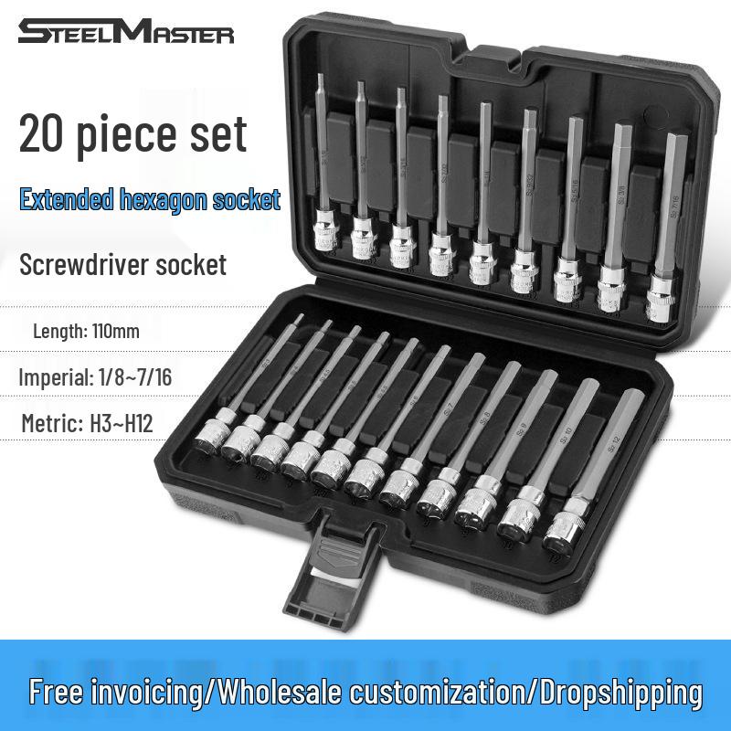 20-Piece Hex Socket Screwdriver Set with Extended Bits and Hex Wrench