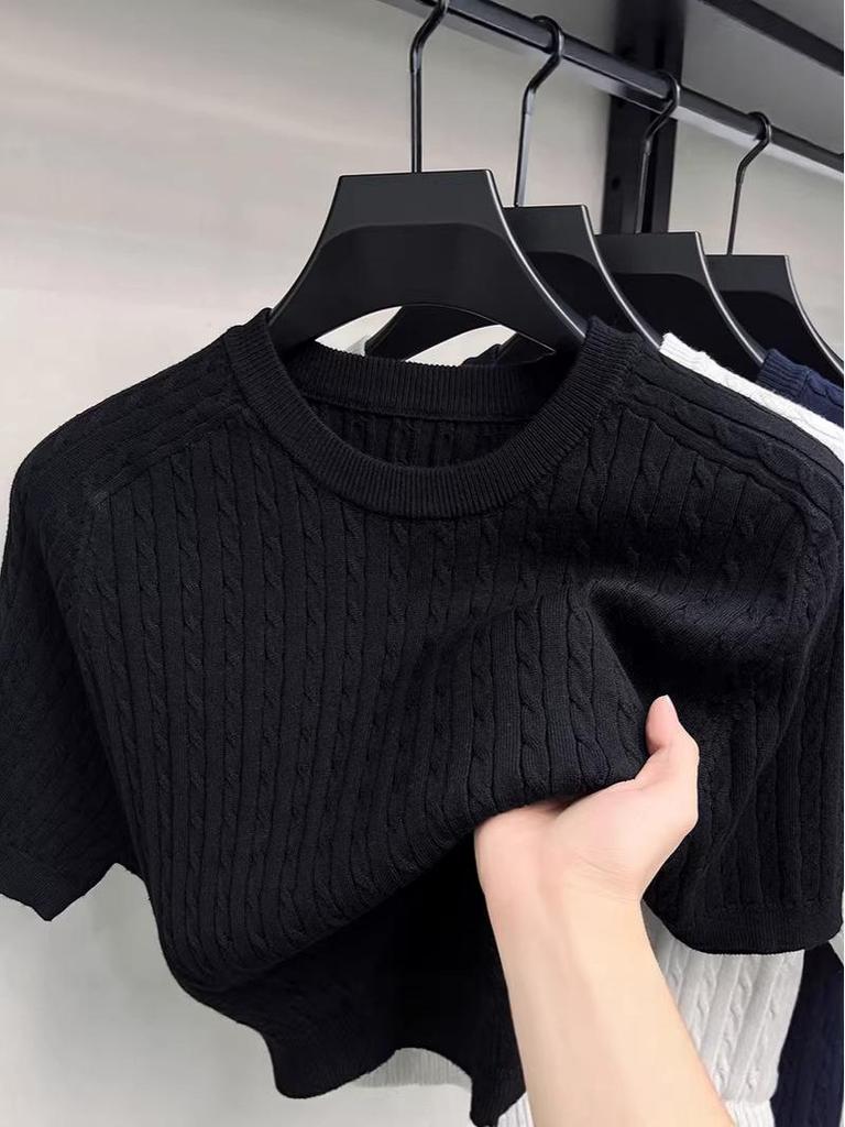 Men's Casual Loose Fit Round Neck Short Sleeve Knit T-shirt - Spring/Summer Solid Color Pullover