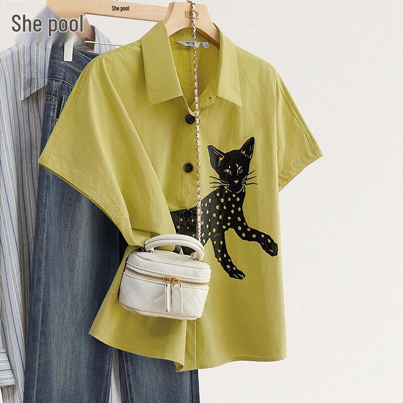 Women s Loose Fit Color-Block Print Lapel Shirt L