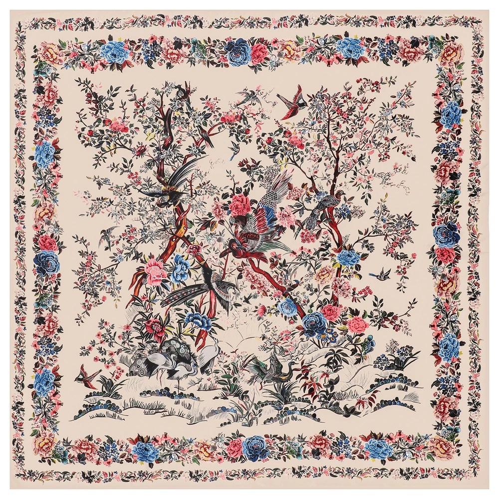 130CM Women Large Shawl Floral and Bird Printed Square Scarves Bandana Luxury Ladies Kerchief Hijab Scarf