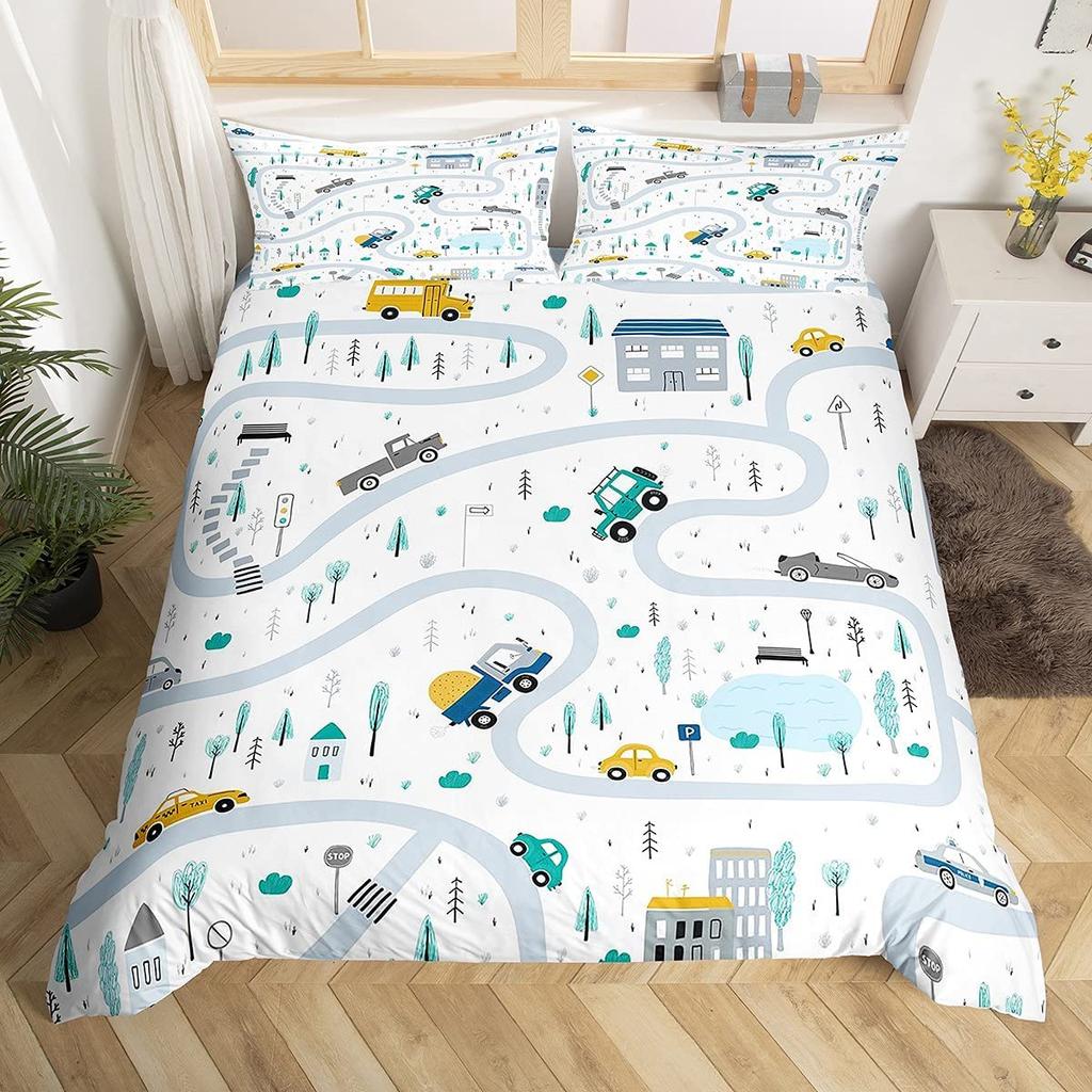 Kids Construction Trucks Duvet Cover King Size Boys Cartoon Car Excavator Tractor Bedding Set Highway Comforter