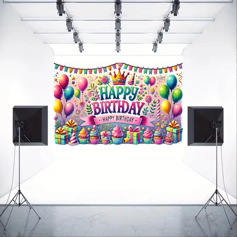 2D Happy Birthday Banner Backdrop Pastel Balloon Gift Box Party Decoration Prop