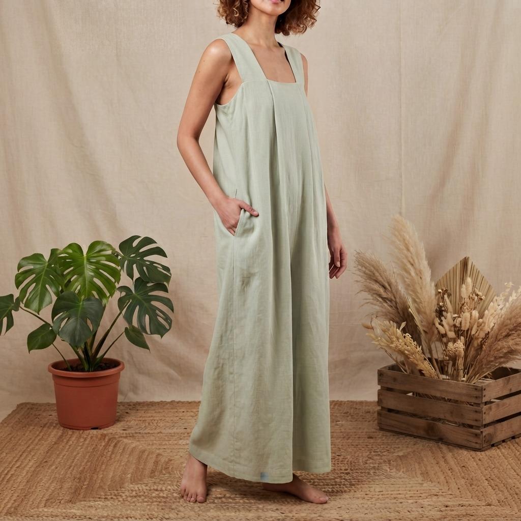 Casual Long Dress Women Sleeveless Square Neck A-Line Cotton Linen Summer Dress with Pockets