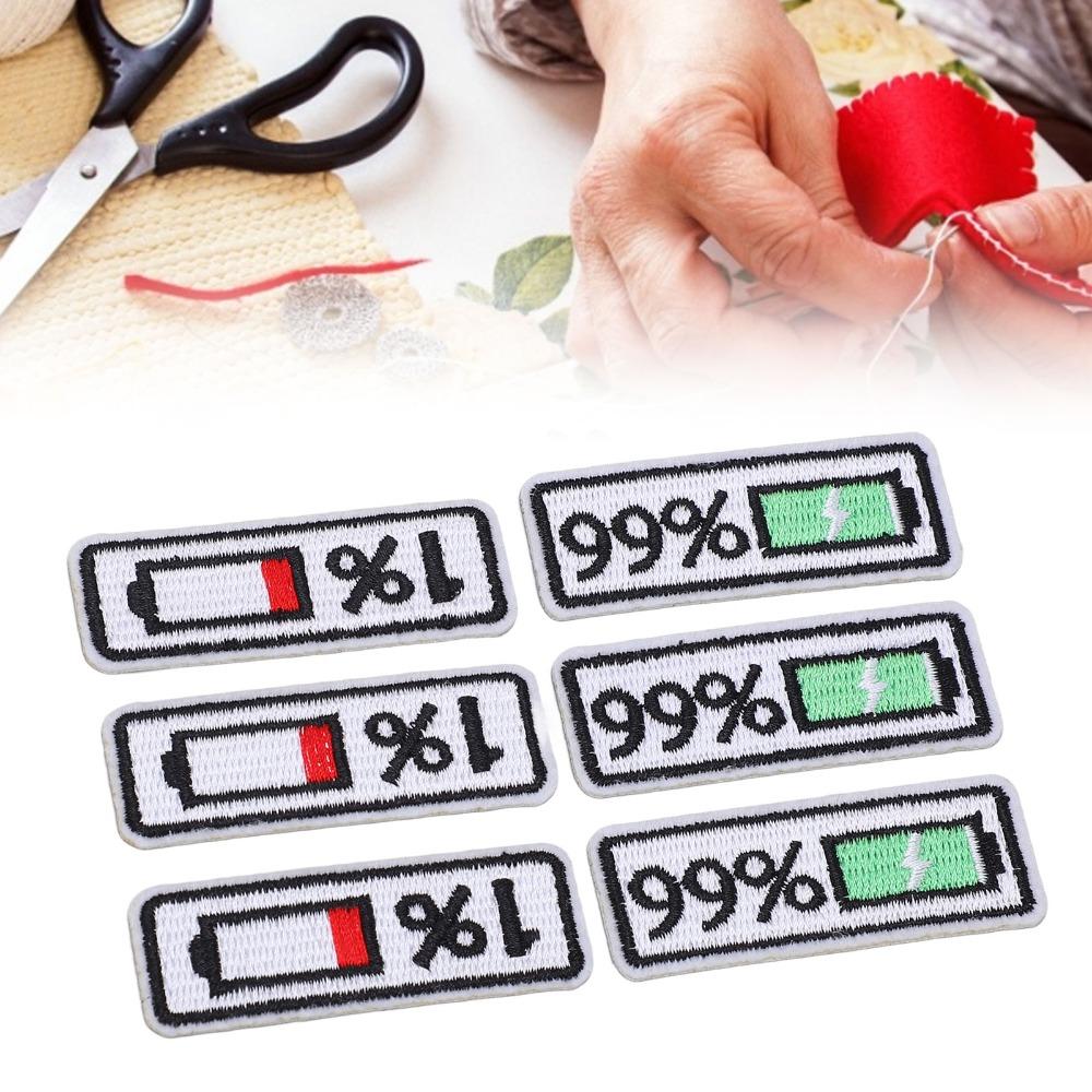 6Pcs Battery Level Indicator Iron On Patches Polyester Applique Patches Embroidered Patches  For Bag