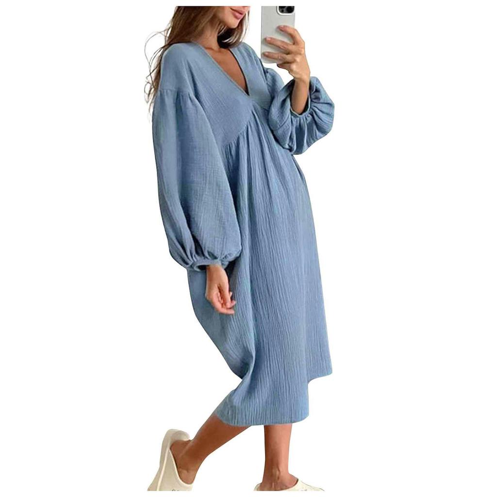 Dámské ležérní volnočasové jednobarevné šaty s kapsou, výstřihem do V a plisováním, s krátkým balónovým rukávem a dlouhým rukávem, bavlněné, elegantního střihu
