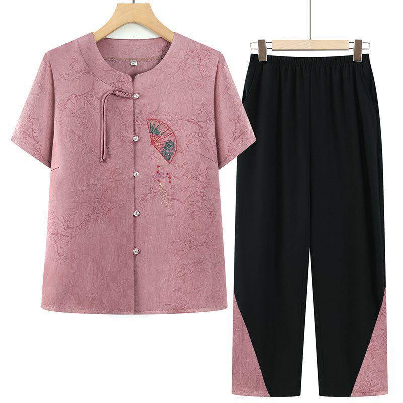 

Summer Clothing: Short-Sleeve Set & Chinese Style Cardigan for Middle-Aged and Elderly Women, Grandma s Two-Piece Top and Pants 2XL [100-115 jin]