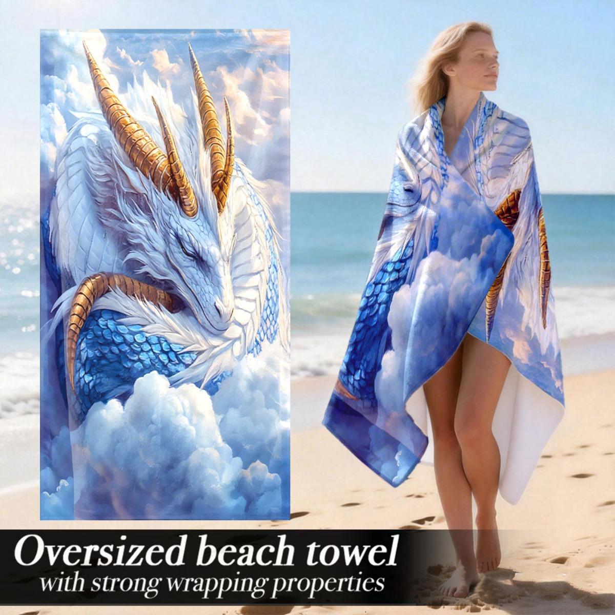 

White Dragon in Clouds Oversized Beach Towel – Fantasy Art Design, Soft Plush, Perfect for Camping & Beach Use W40*H60(CM)