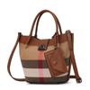 Aidrani Genuine Leather Canvas Bag Plaid Pattern Women's Handbag Fashion Design Cowhide Bag Basket Shaped Brown Color
