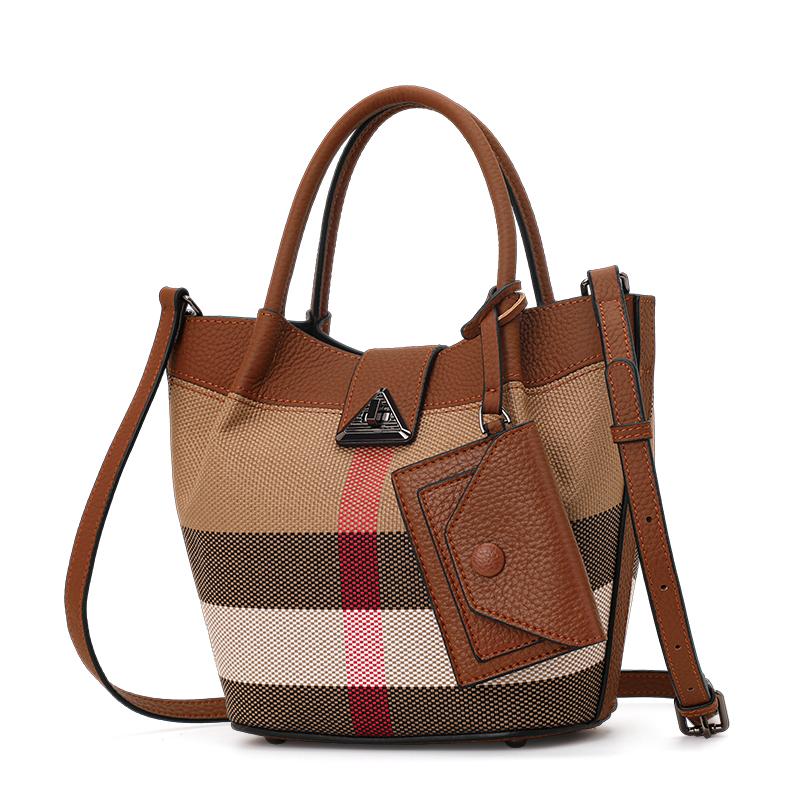 Aidrani Genuine Leather Canvas Bag Plaid Pattern Women's Handbag Fashion Design Cowhide Bag Basket Shaped Brown Color