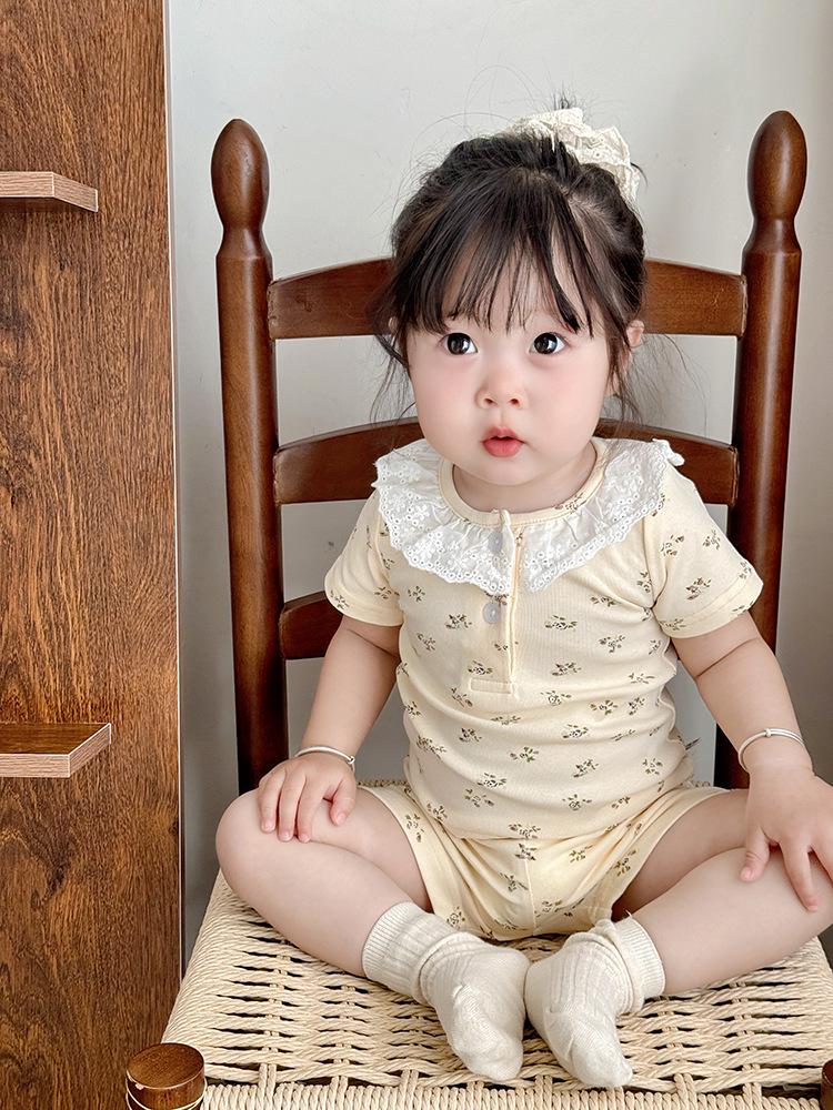 2025 Summer A-Class Cotton Girls' Lace Pajama Set – Short Sleeve Top & Shorts