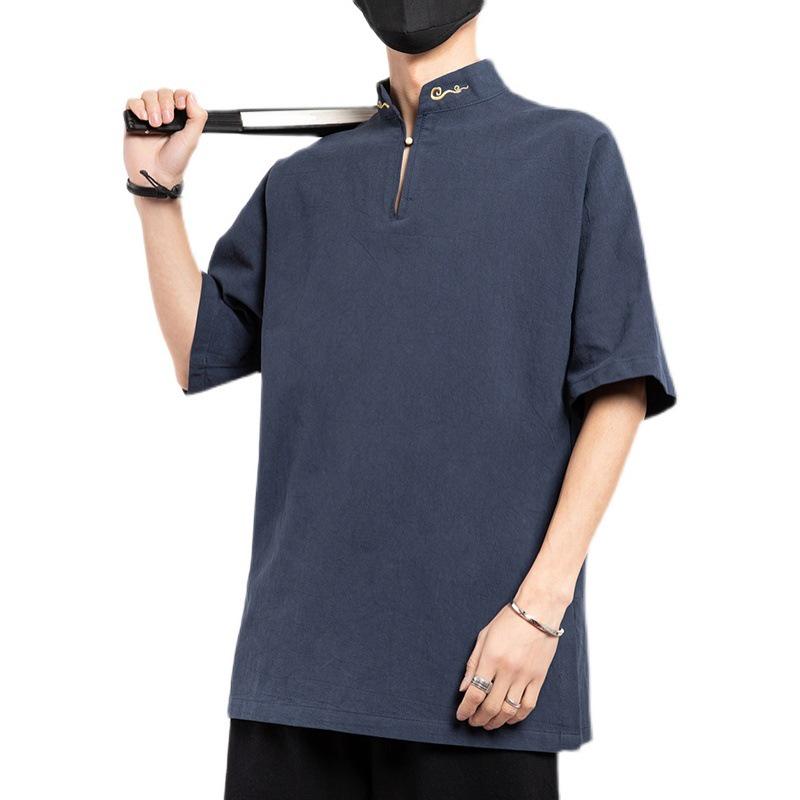 2022 Chinese Style Men's Casual Cotton Linen T-shirt, Retro Plus Size Long Sleeve Tang Suit
