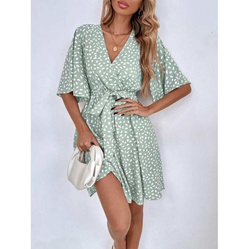Sweet Fresh Summer New Arrival Fashion V Neck Dots Printing a Words Cinched Waist Pullover Lotus Leaf Sleeve Dress Dress