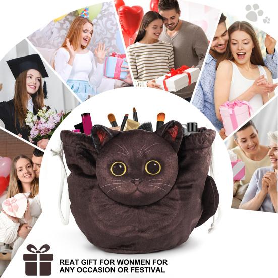 Cat Travel Makeup Bag Drawstring Cosmetic Organizer Cat Design Lay Flat Large Capacity Cosmetic Pouch Gift for Cat Lovers