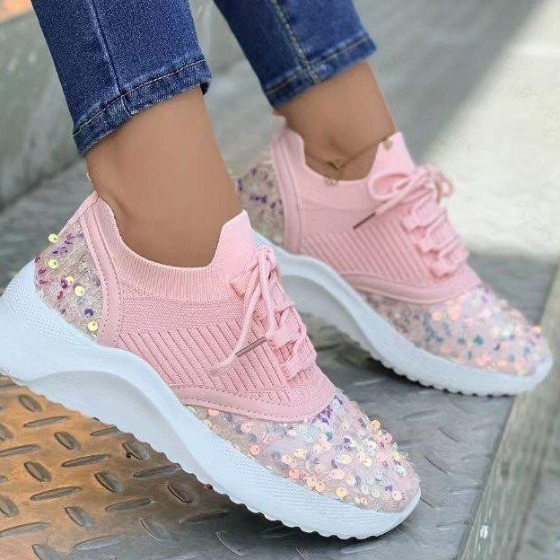 

Sequin fly-woven breathable lace-up single shoes women s knitted thick-soled color-matching low-top board shoes 43 рожевий