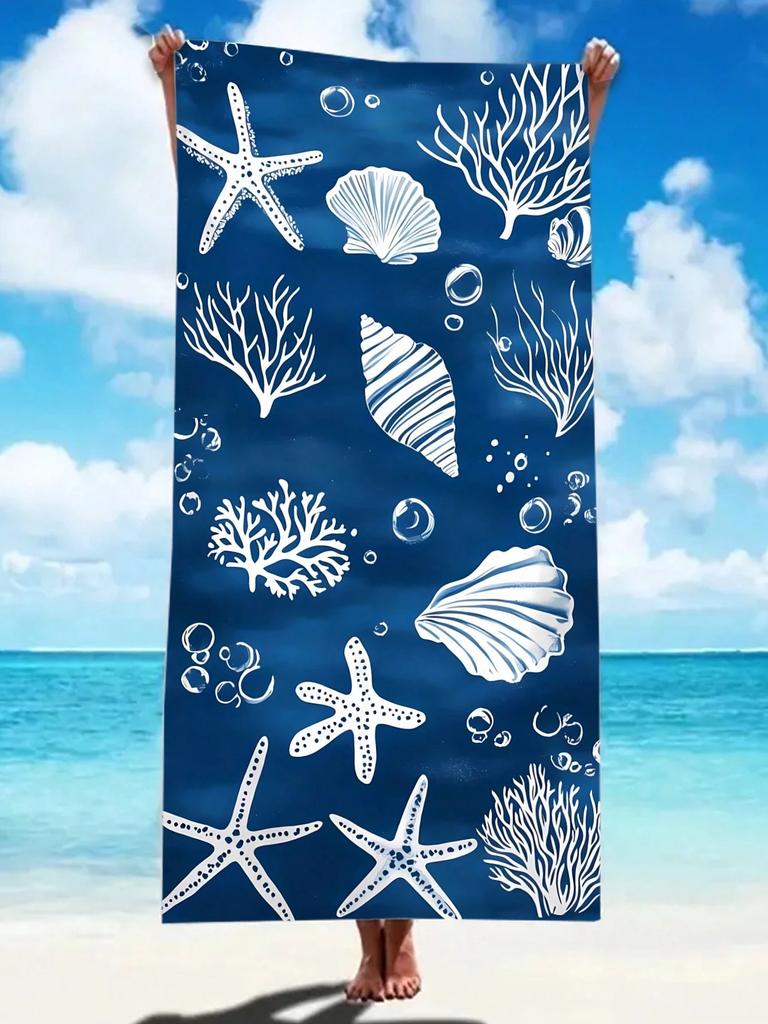 1pc Blue Quick-Dry Beach Towel, Shell Starfish Coral Print, Large Multifunctional Mat for Yoga, Travel, Camping, Swimming