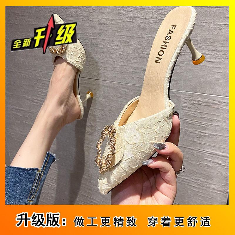 New Chinese temperament lazy fashion pointed rhinestones 2025 summer and autumn new high-heeled slippers thin-heeled bag head slippers