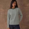 Ladies Spring Autumn Long Sleeve Round Collar Striped Printed Loose Pullover Casual T Shirt Top