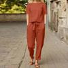 Damen Sommer-Outfit-Set aus Baumwolle und Leinen - Halbarm Rundhals Oversize-Shirt Weite Hosen Retro Set
