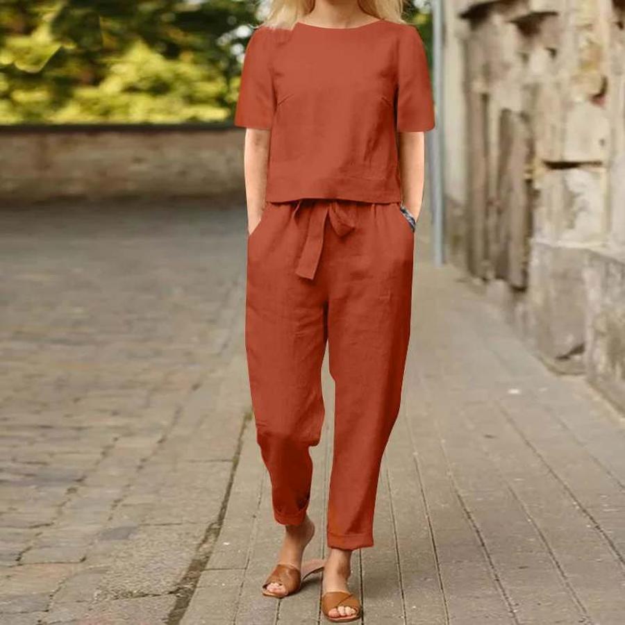 Women's Cotton Linen Summer Outfit Set - Half Sleeve Crew Neck Oversized Shirt Wide Leg Pants Retro Set