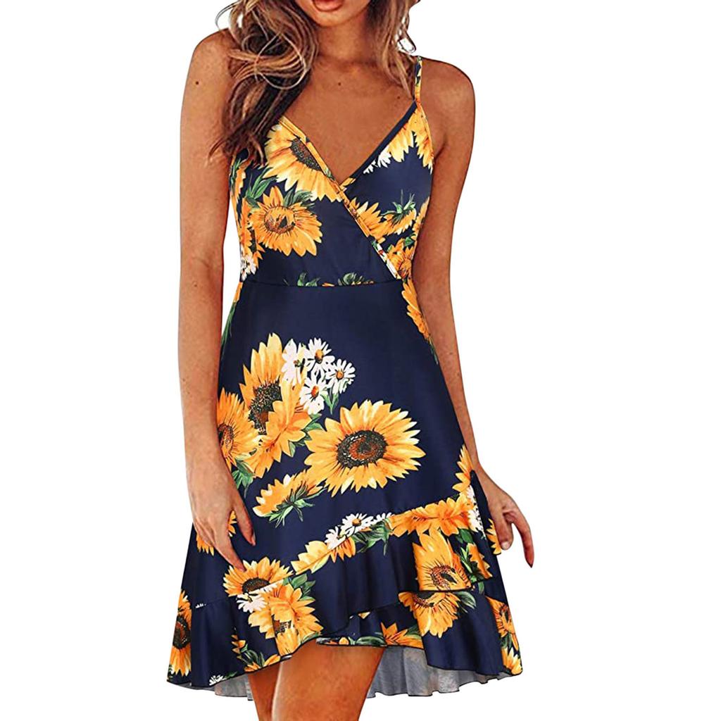 Women Casual Print V-Neck Sleeveless Sling Dress