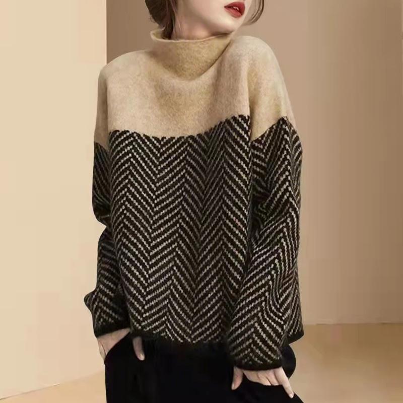 ZANZEA Femei Casual Gât Înalt Mânecă Lungă Larg Imprimeu Patchwork Tricou Topuri