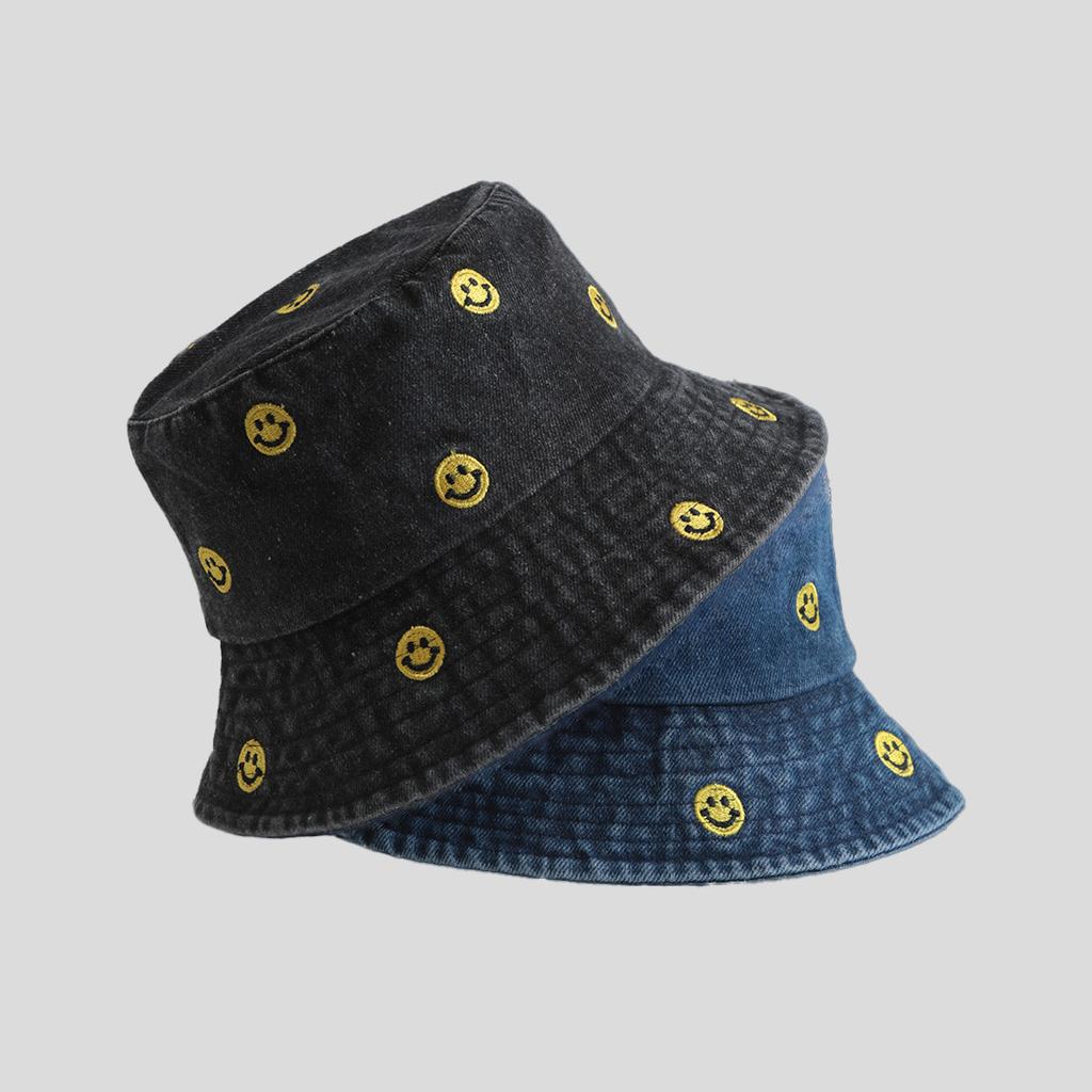 Simple smiley face embroidered denim bucket hat female Harajuku retro basin hat spring and summer sun protection visor male