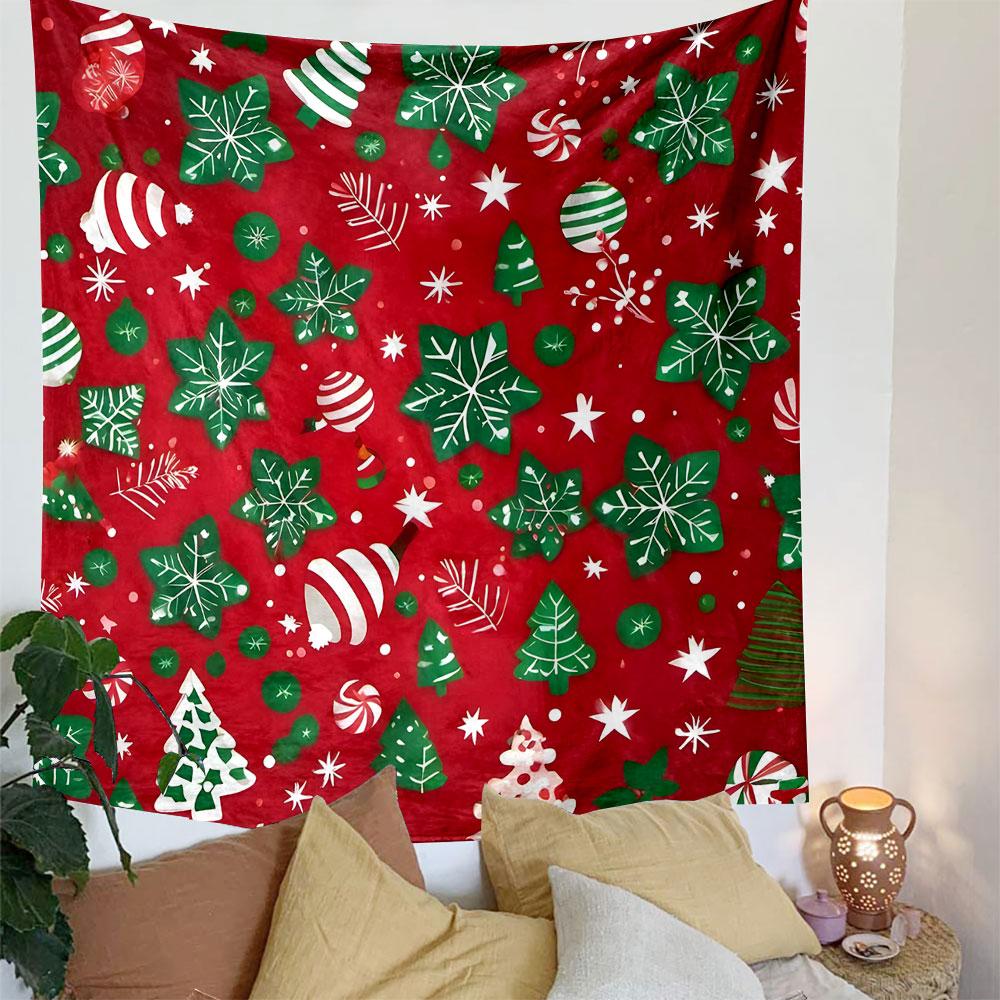 Festive Christmas Pattern on Red Patterned Tapestry Decorative Wall Hanging, Home Bedroom Living Room Decor