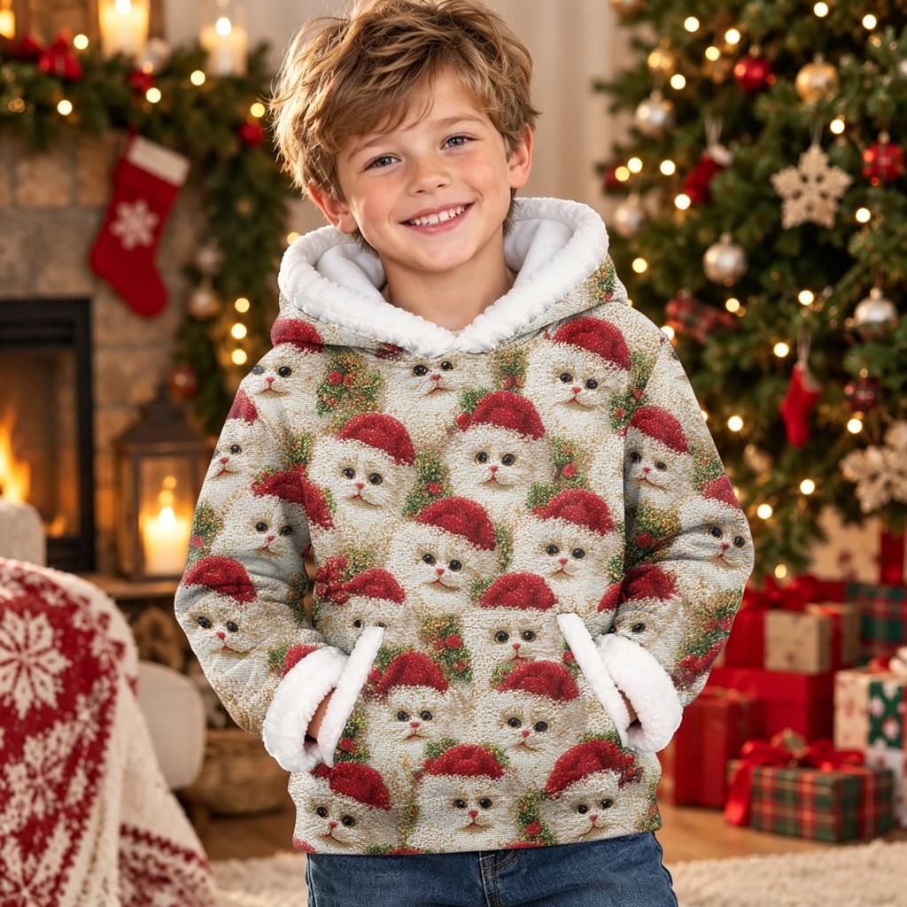 Kids Long Sleeve Christmas Print Casual Fashion Hooded Top