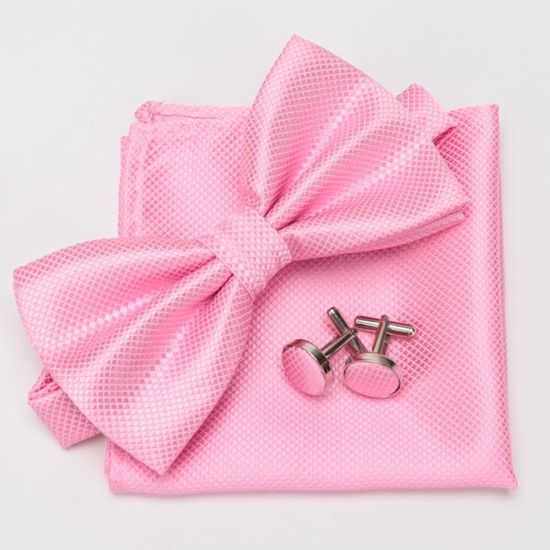 

Men Bowtie Set 3pcs Plaids Classic Fashion Wedding Party Formal Cufflinks Bow Tie Handkerchief Cuff Links Lots Three Piece Set рожевий