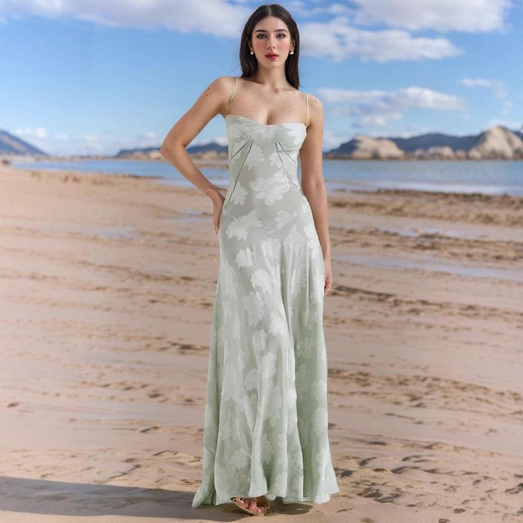 Frühling Sommer Damen Perspektive Urlaub am Meer Slim Fit Camisole Kleid Hohe Taille A Linie Hosenträger Blumendruck Langes Kleid