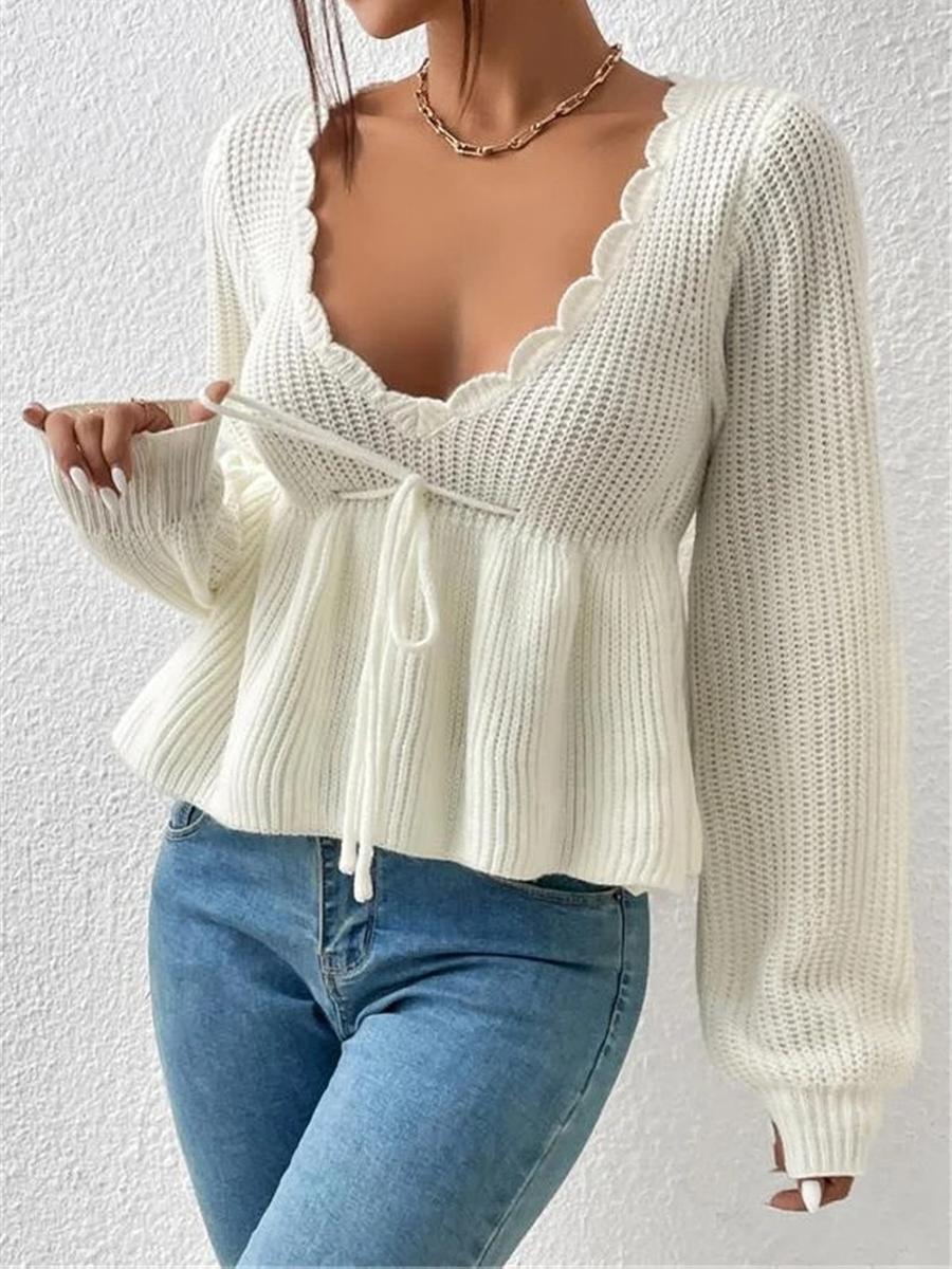 Oversized V-Neck Drawstring Tie-Up Ruffled Knit Pullover Sweater S белый