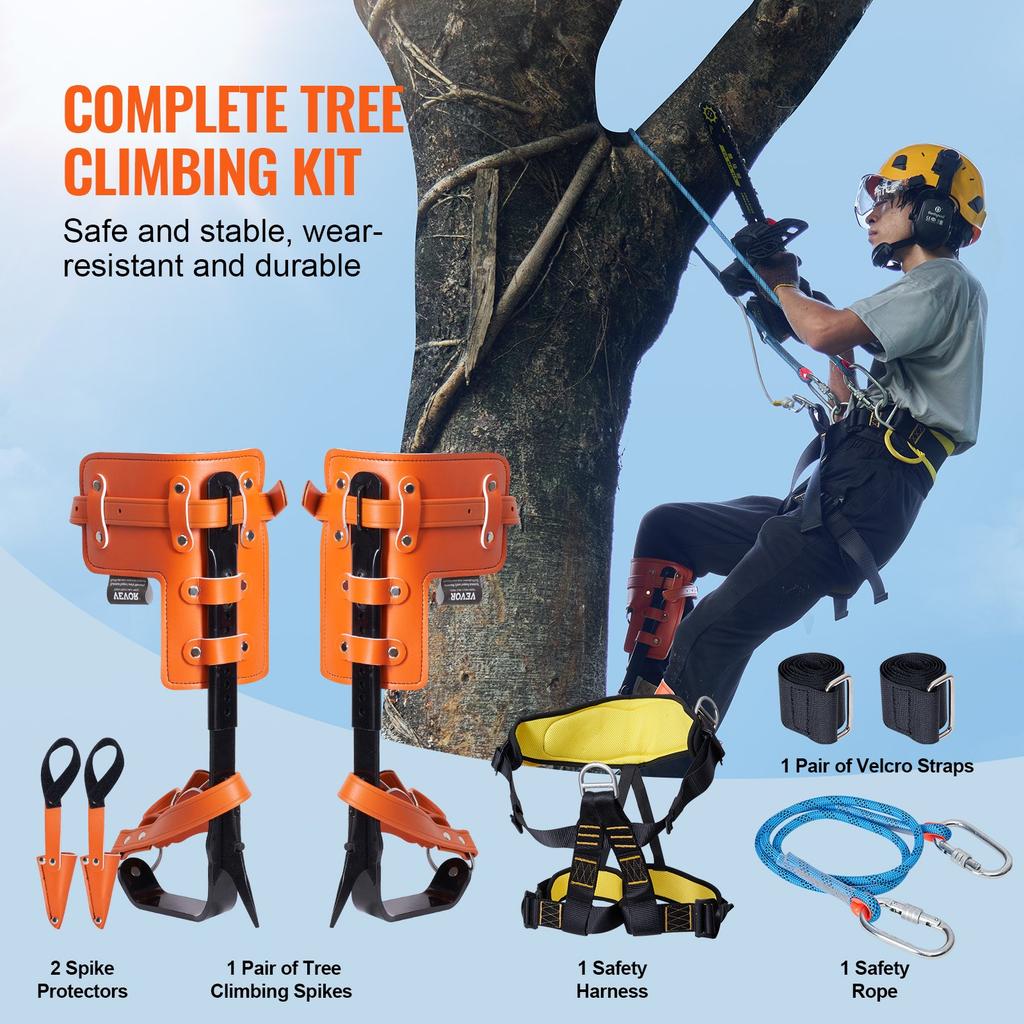 VEVOR Tree Climbing Spikes Set, 1 Pair Alloy Steel Climbing Spurs with Safety Rope and Safety Harness, 350lbs Load Capacity Tree Climbing Gear