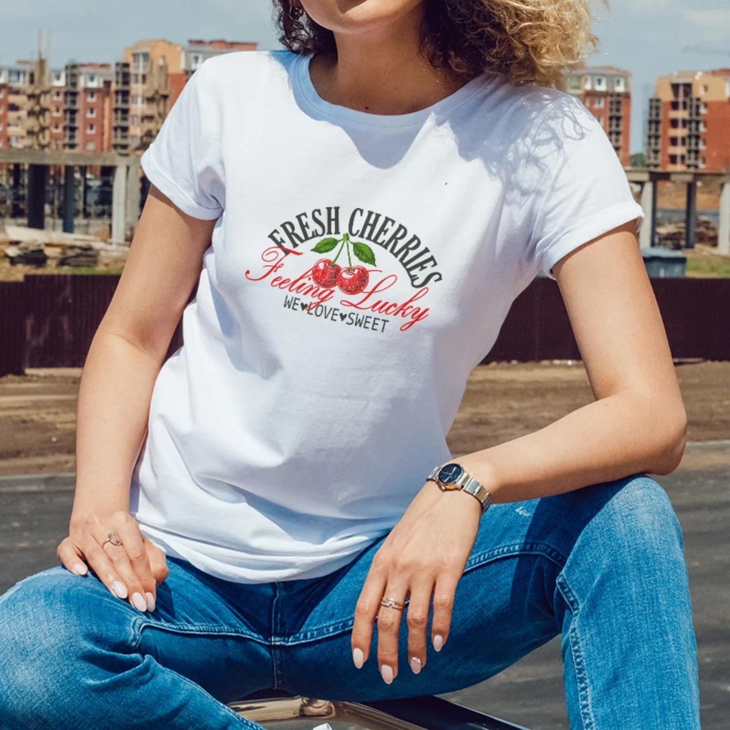 

SummerWomensShortSleeve CottonTShirt Fresh Cherries Print for Outdoor Summer Picnics Young Women with a Refreshing & Sweet Style XXXXXL білий
