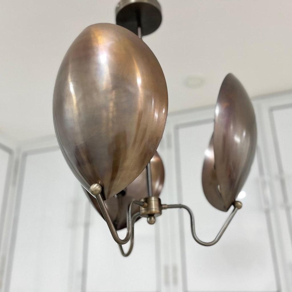 3 Light Curved Shades Modern Pendant Mid Century Antique Patina Chandelier Light Fixture