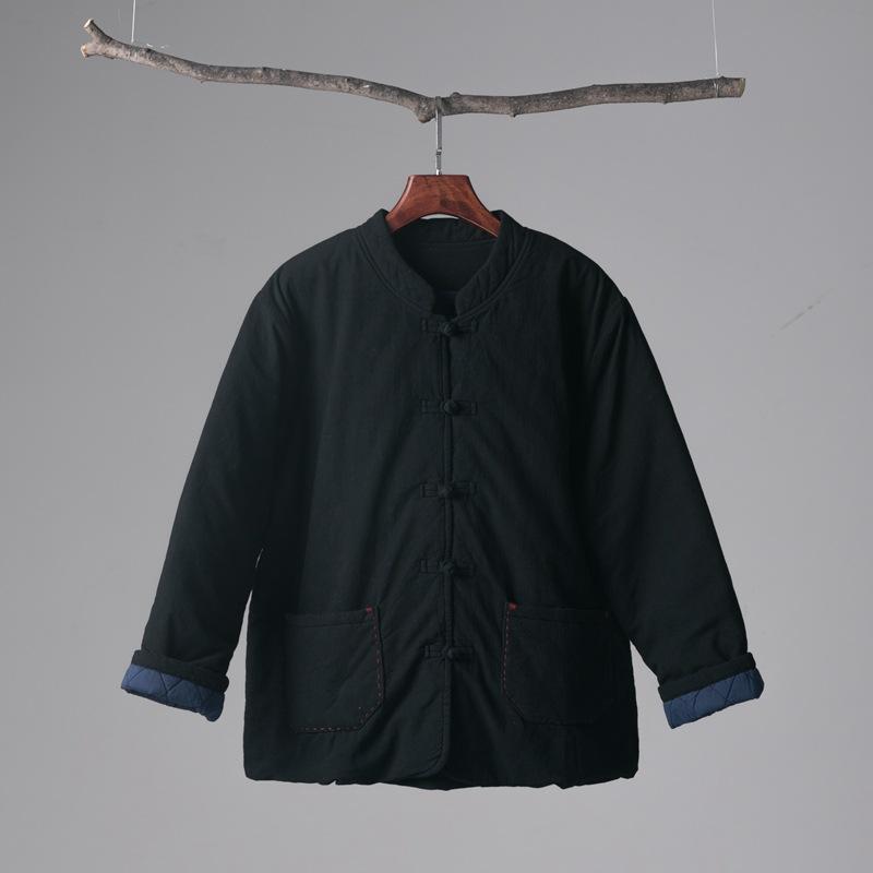 

Winter new cotton and linen retro loose stand-up collar Chinese buckle hand-sewn warm top women s short cotton-padded clothes average size чёрный