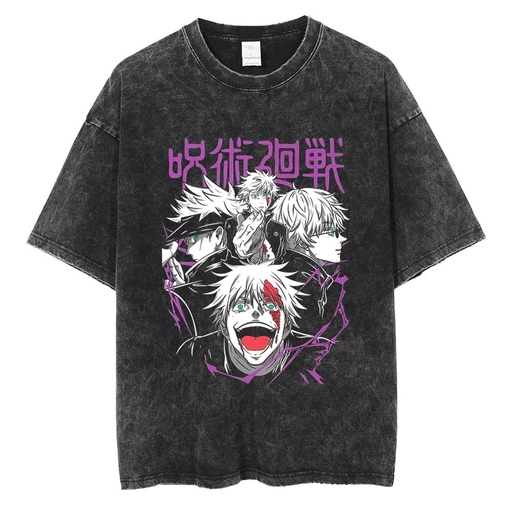 Anime Jujutsu Kaisen Satoru Gojo Cool Print Tshirt Men Women Manga Vintage T-shirts Harajuku Male Washed Cotton T Shirt