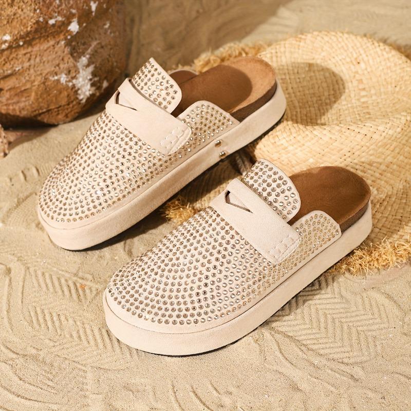 Women's Rhinestone-Embellished Slip-On Mule Sandals - 4cm Thick Cushioned Beach Slippers with Sparkling Rhinestone Strap, Round Toe & Soft Rubber Sole