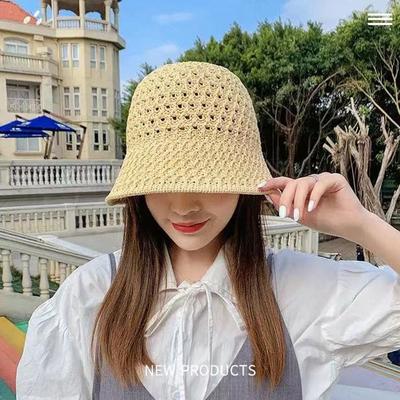 Women Bucket Hat Spring Summer Hollow Knitted Hat Solid Color Sunhat Female Fisherman Caps Casual Foldable Beach Cap
