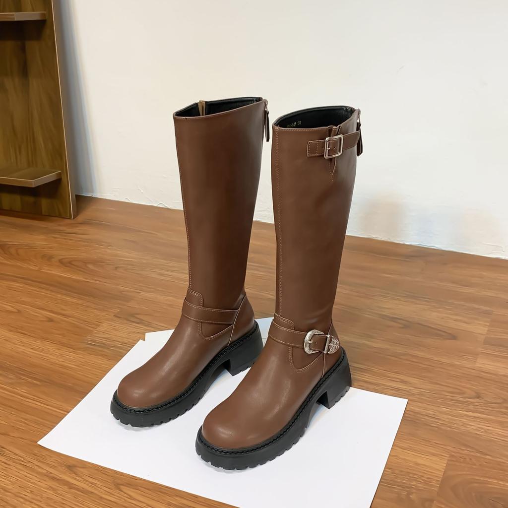 New spot winter new fashion knight boots thick sole small height increase boots women's belt buckle leather black