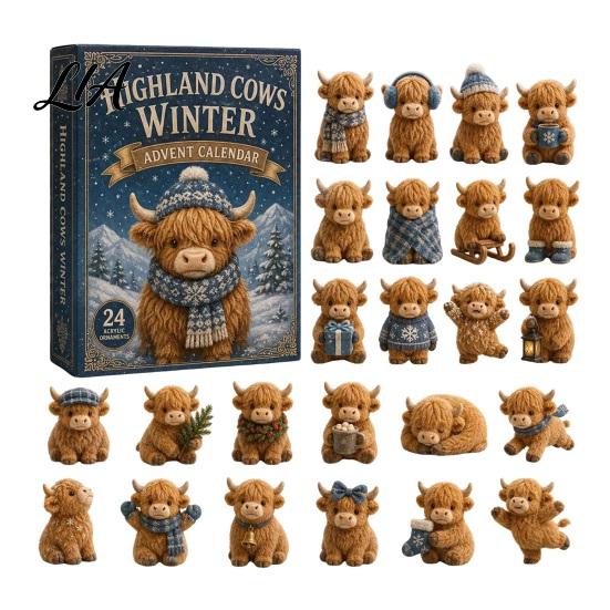 Geschenk für Highland Cattle Liebhaber Kuh Adventskalender 2026, Weihnachts-Countdown mit 24 Acryl 2D saisonalen festlichen Dekorationsartikeln Mini-Figur, Bauernhof F