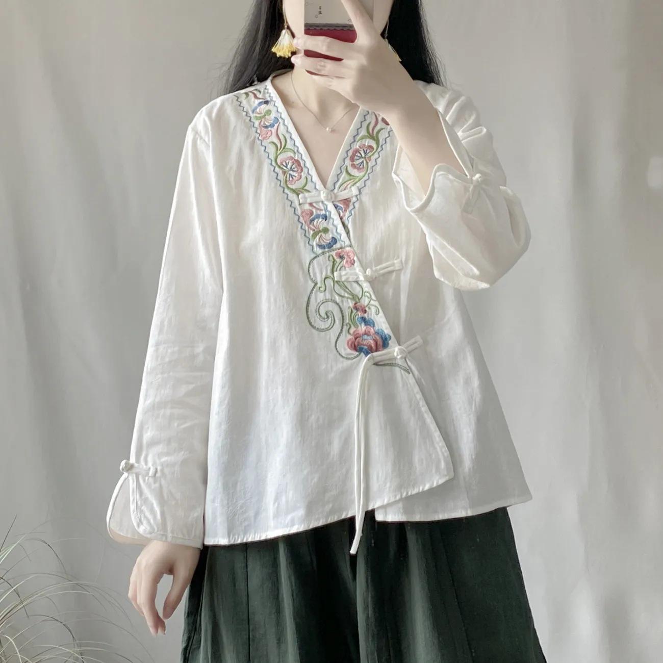 

Spring/Summer Embroidered Cotton Cardigan with Frog Buttons - Short, Retro Chinese-Style Top for Women XL білий