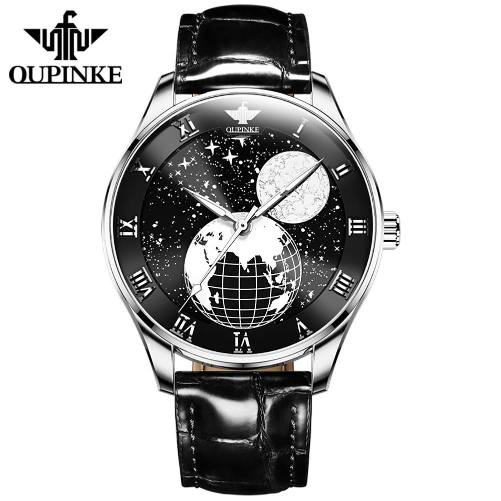 OUPINKE Men's Watch Starry Sky Fully Automatic Mechanical Watch Waterproof Leather Strap High-end Watch