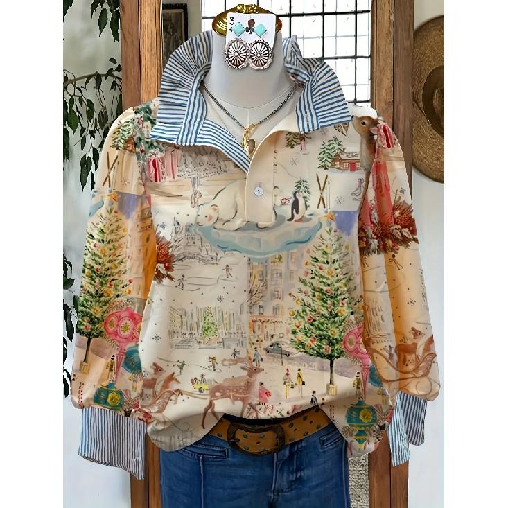 

Жіноча блузка в ретро різдвяний візерунок - відкладний комір, довгий рукав, вільний повсякденний силует, святковий топ з принтом ялинки, підходить для осені/зими 3XL рожевий