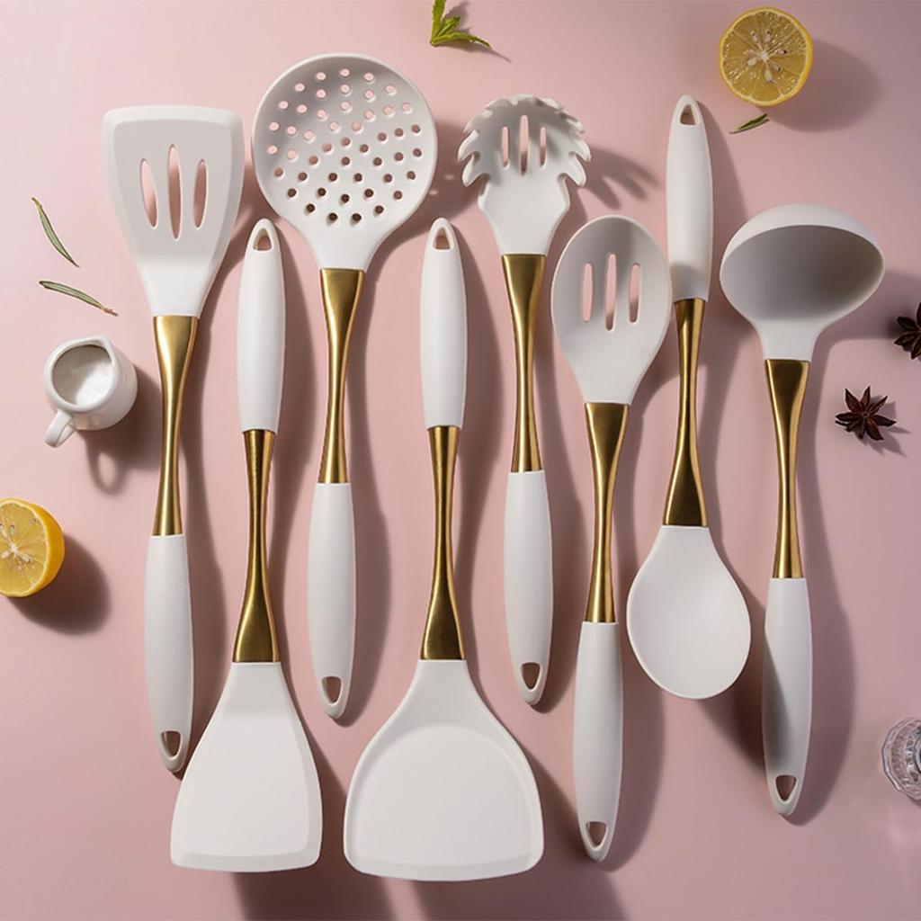 8pcs White Silicone Cooking Utensils with Strong Gold Handle Kitchen Essentials, Silicone Spatula Cooking Spoons