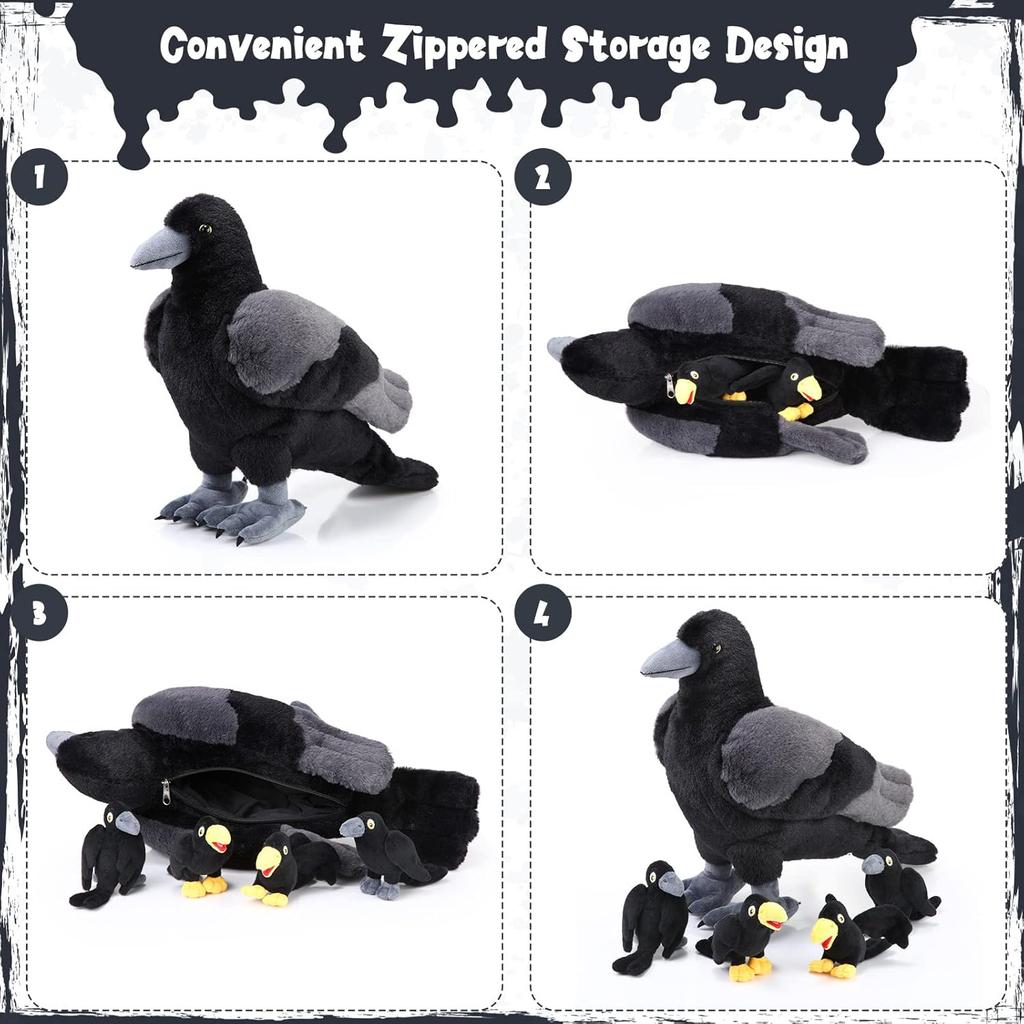 HyDren 5 Pcs Crow Plush Stuffed Animal Black Bird Plush Stuffed Animal Toy 14 Inch Large Realistic Mommy Bird Plush with 4 Small Babies Plushies in