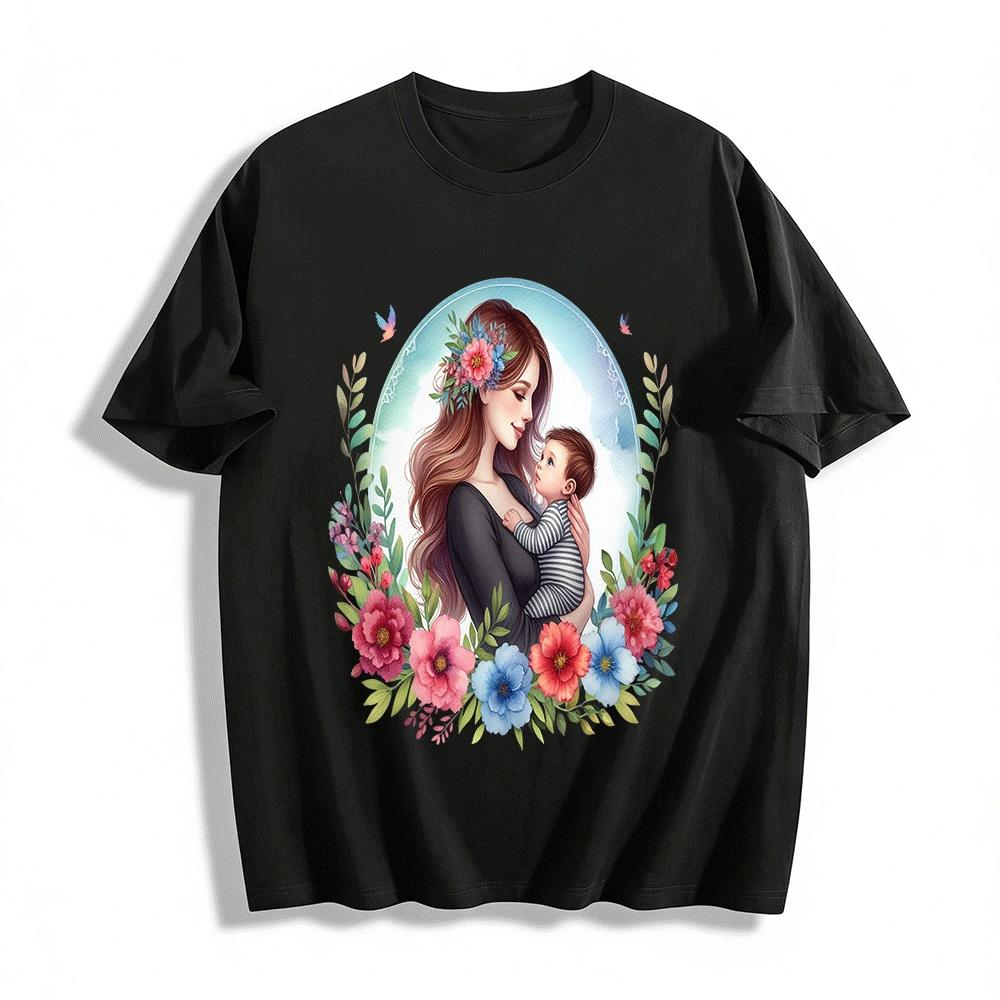 Warm Mother Baby Print Top Gentle Mother Love Theme Casual T-Shirt Pure cotton T-shirt XXS