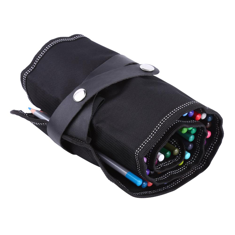 Black Portable Fabric Pencil Wrap Roll Up Multi purpose Pouch Holder (48 Slots)