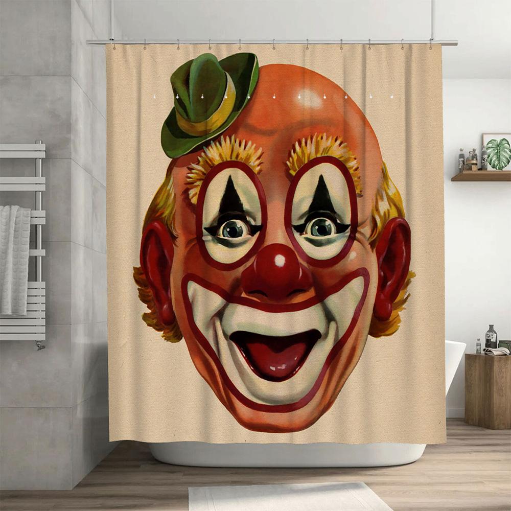 Clown Face Shower Curtain: Vintage Circus Red and Yellow Decorative Bathroom Waterproof Fabric Shower Panels for Home Decoration