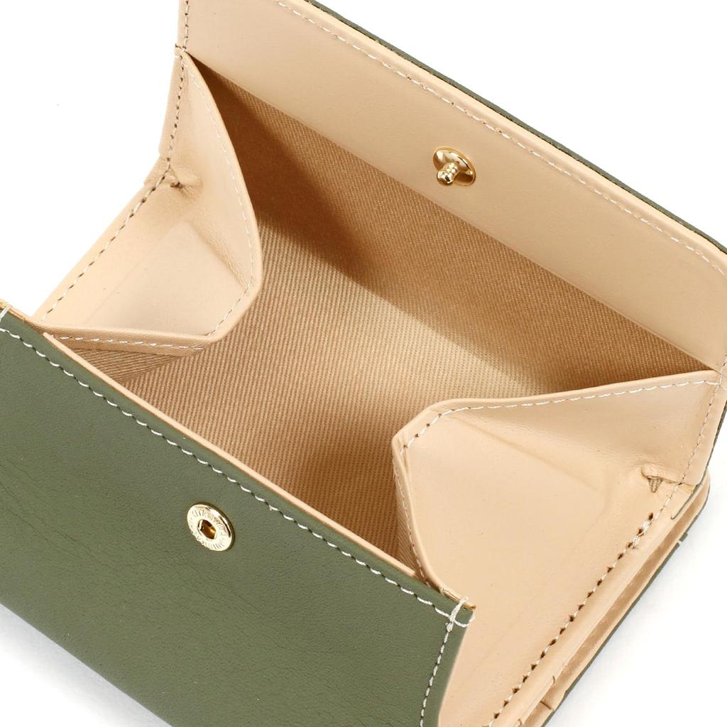Kitamura Leather Bifold with a Unique Texture of Natural Materials Women's Wallet, PH0539, Khaki/Ivory Stitching, Green, 33915,